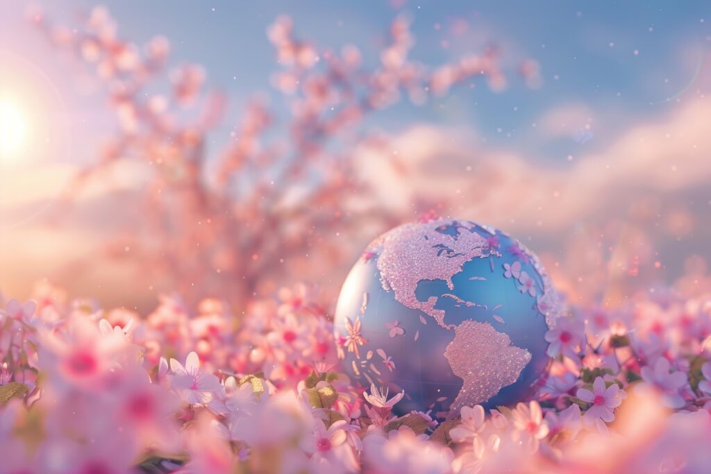 Globe amidst spring blossoms at sunset