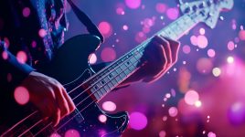 A musician plays a black bass guitar with colorful bokeh lights in the background during a live performance at night