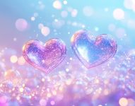 Glittery hearts in sparkling backdrop in blue and pink hues. Valentines Day wide banner, copy space