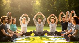 Group of people meditating outdoors in a circle.