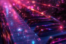 Neon Lit Piano Keys with Vibrant Bokeh Lights in a Futuristic Music Setting